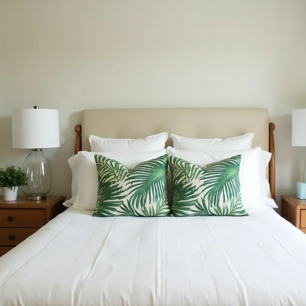 a photo of a tropical-themed bedroom with palm leaf throw pillows