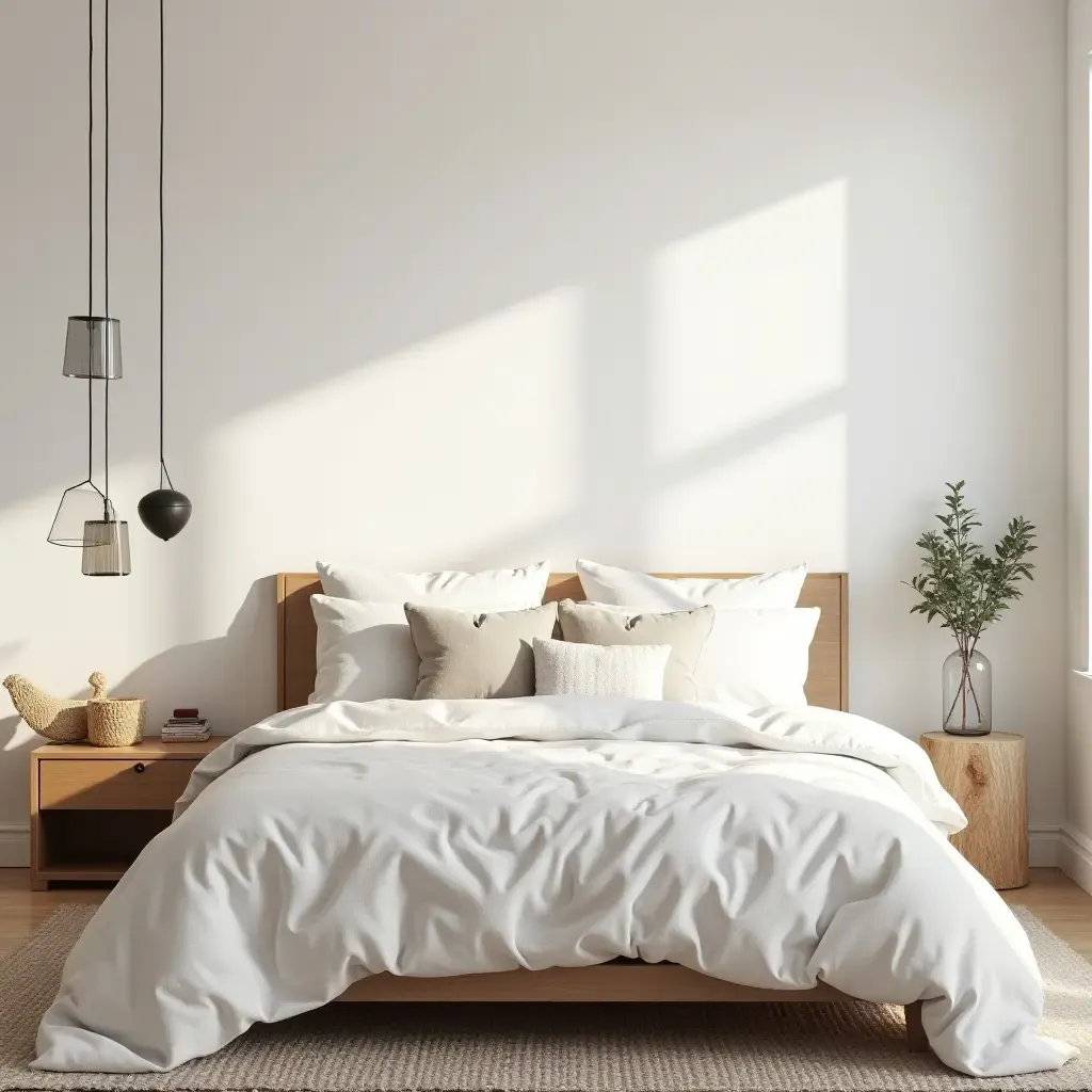 a photo of a bright bedroom with a minimalist layout and bohemian flair