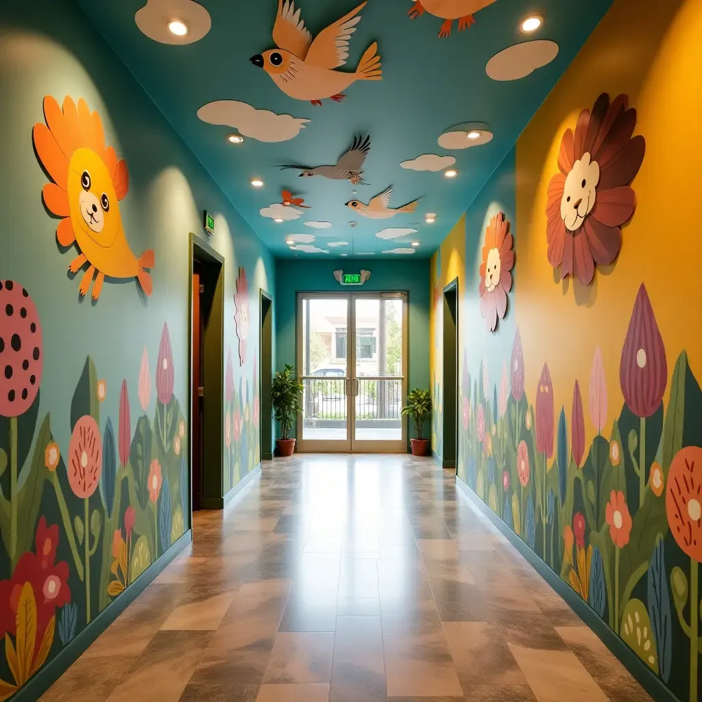 a photo of a vibrant entrance hall with a whimsical mural of flying animals