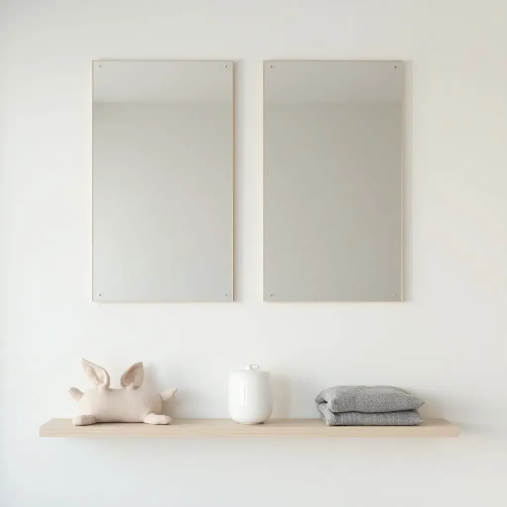 a photo of a minimalist nursery with sleek mirrored shelves