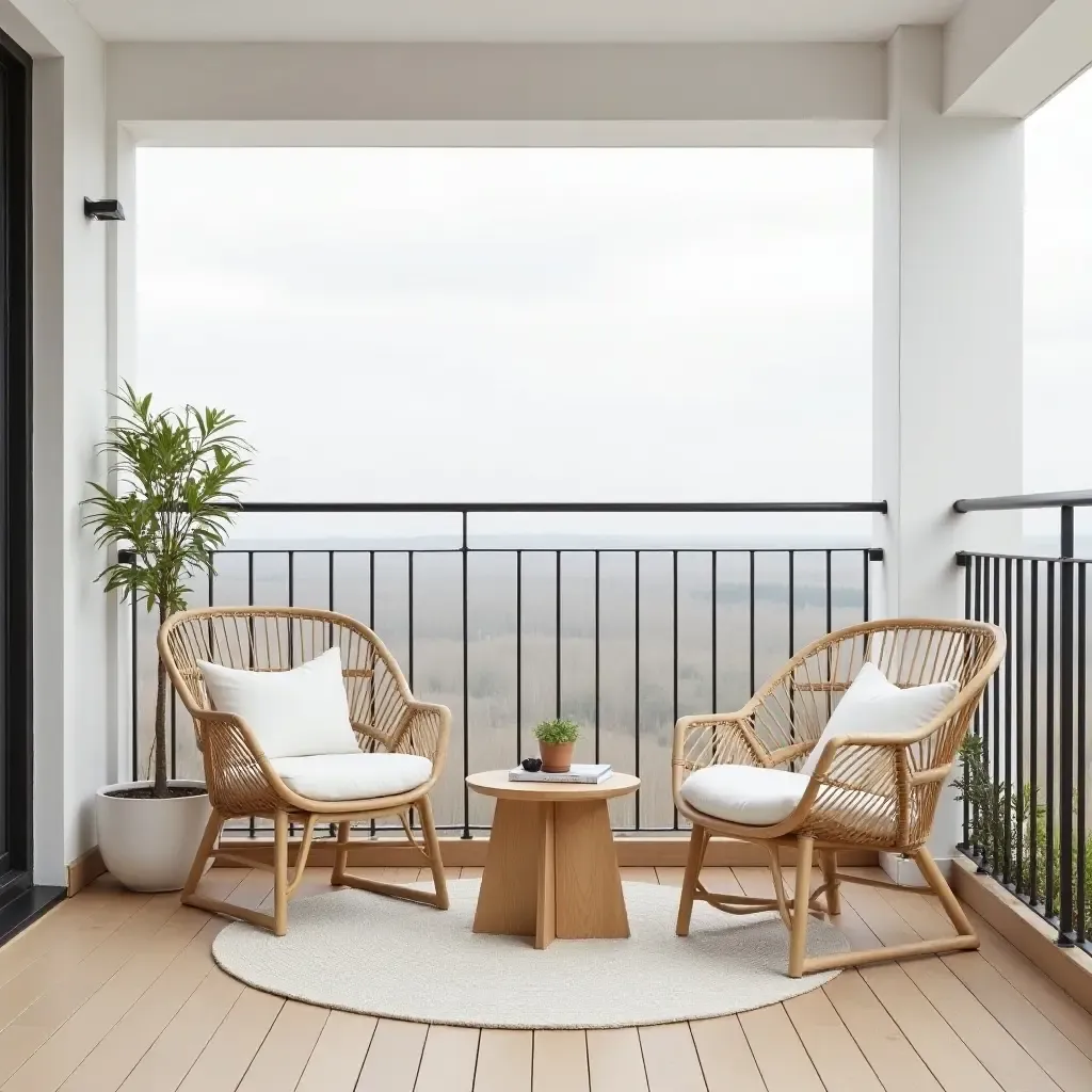 a photo of a minimalist Scandinavian balcony with light wood furniture and soft textiles