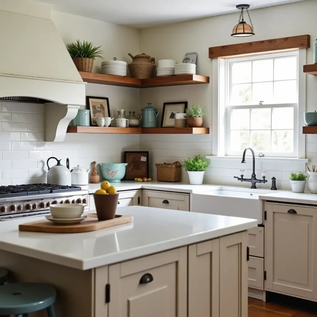 a photo of a cozy farmhouse-style kitchen with vintage decor on the countertops