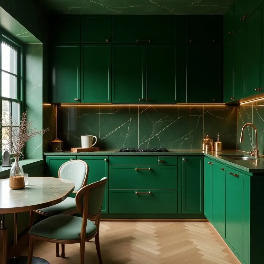 a photo of a rich emerald green and gold kitchen with luxurious touches