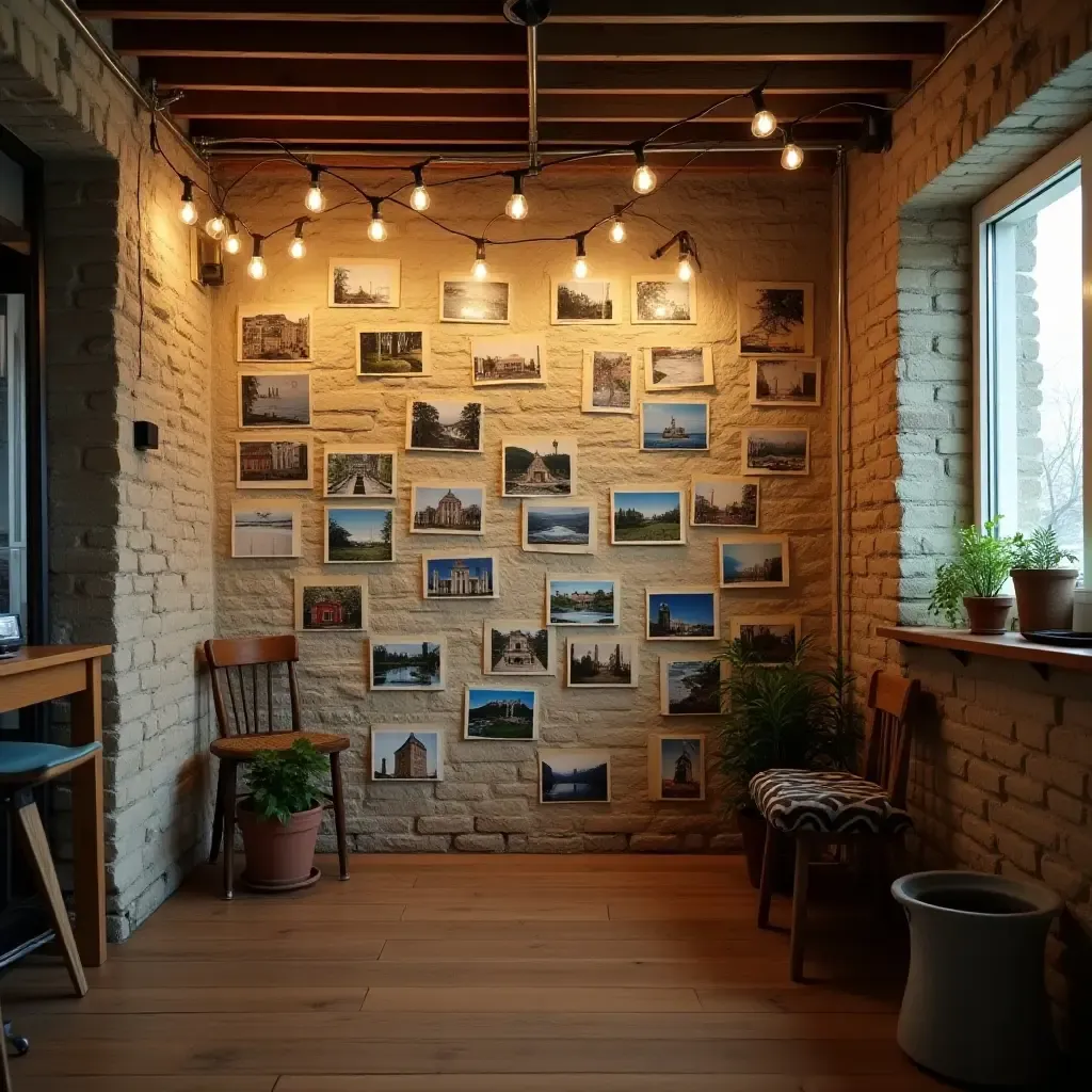 a photo of a basement wall decorated with a series of vintage postcards