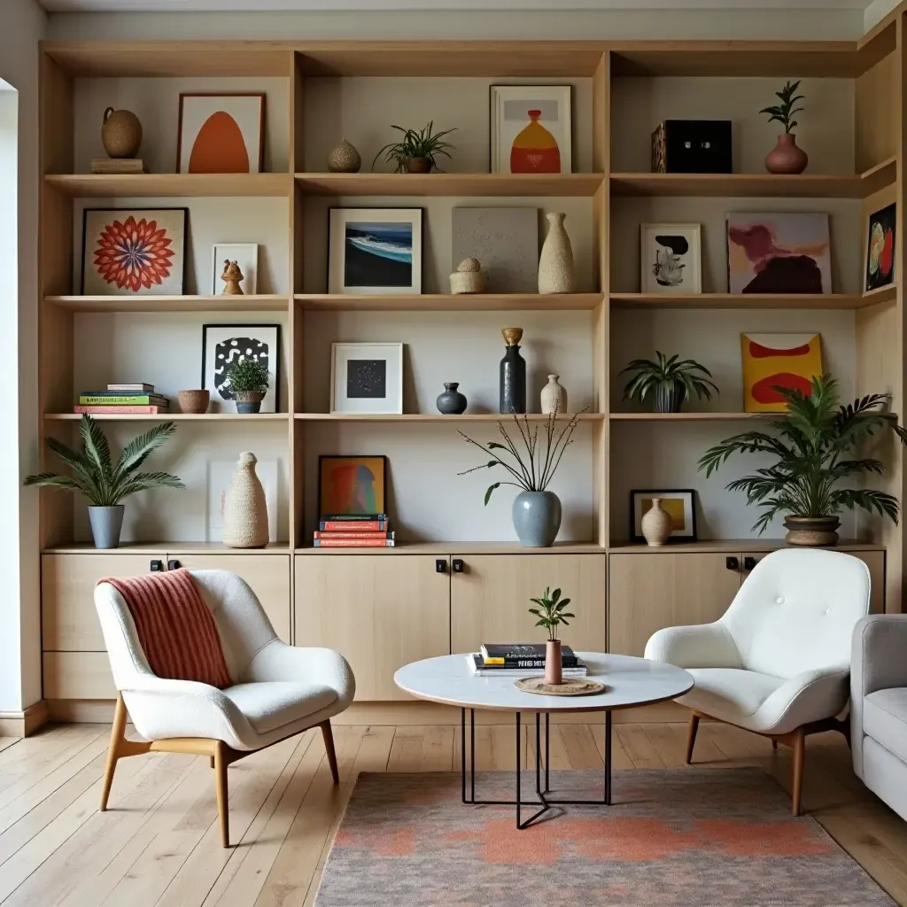 a photo of open shelving featuring a blend of colorful art and functional items