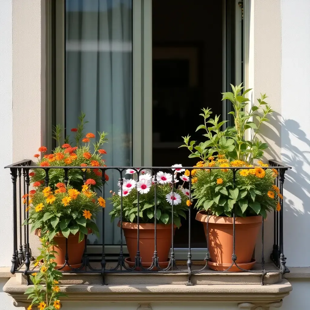 a photo of a small balcony filled with colorful potted plants and hanging flowers