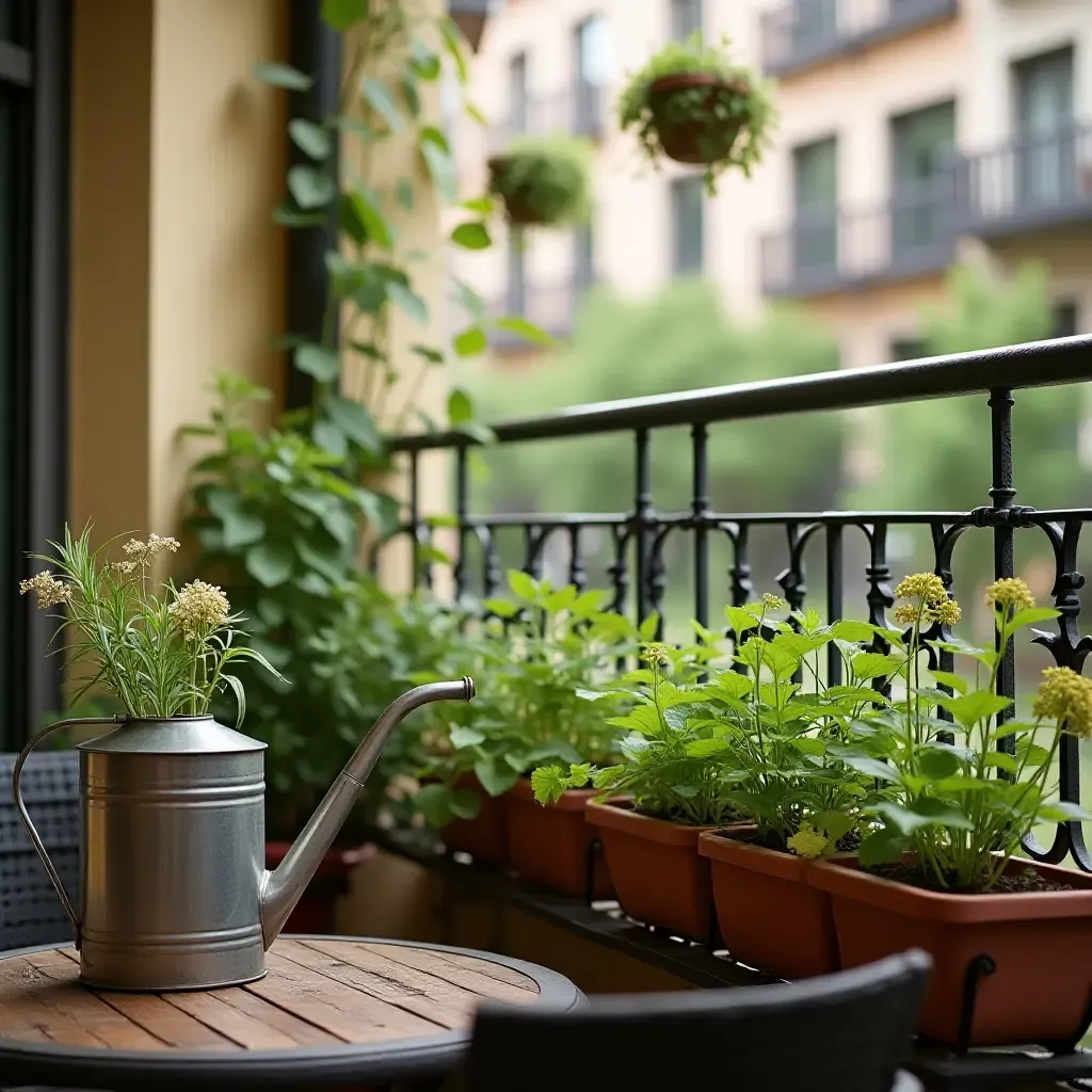 a photo of a charming balcony with a small herb garden and watering can