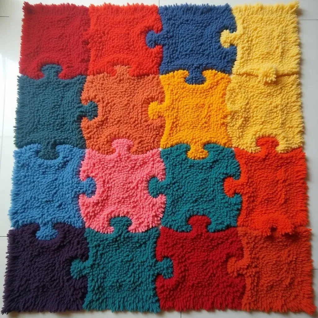 a photo of a rug resembling a giant puzzle piece in vibrant colors