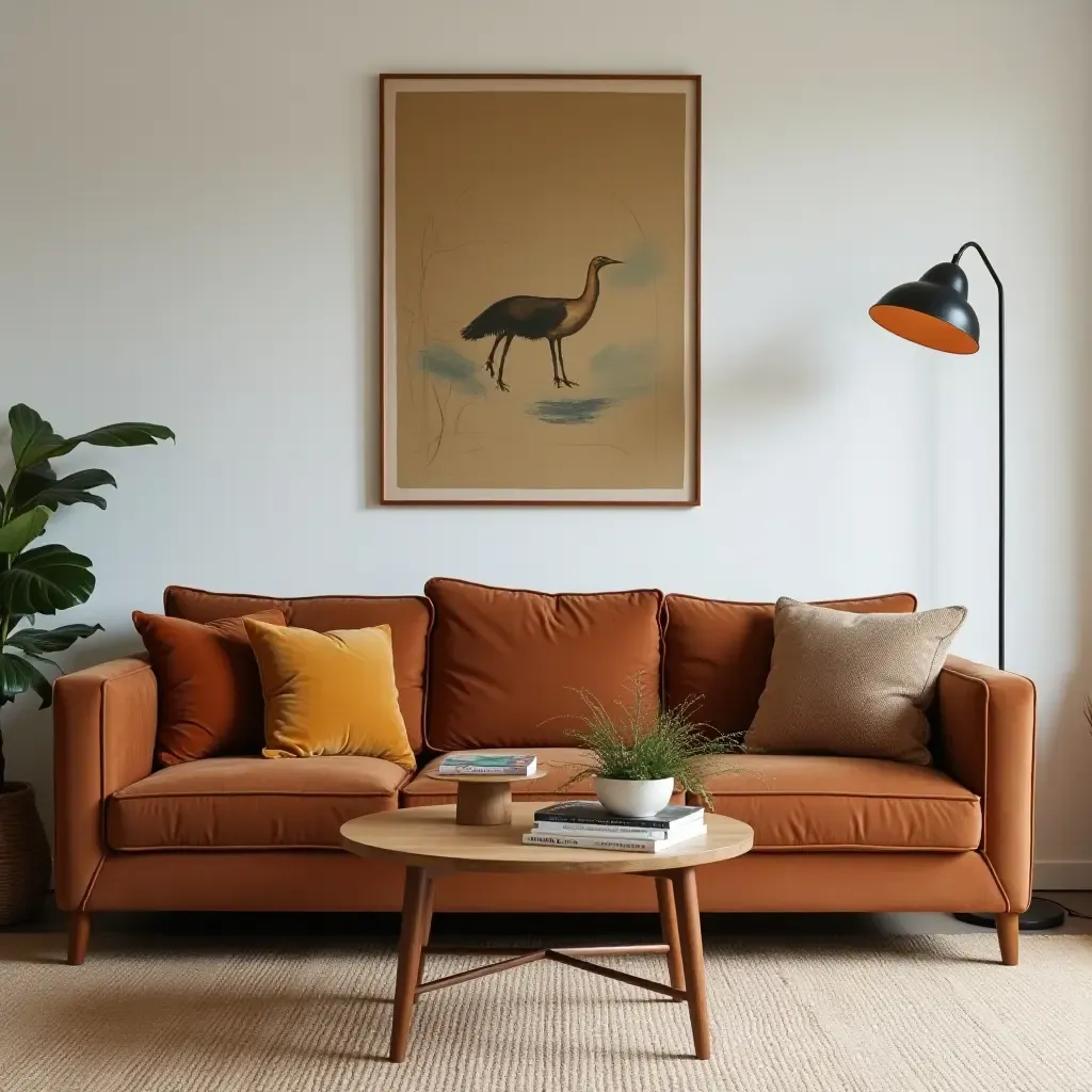 a photo of a living room with a cognac couch and vintage decor elements