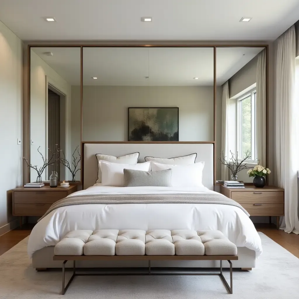 a photo of a chic bedroom showcasing a mirrored accent wall