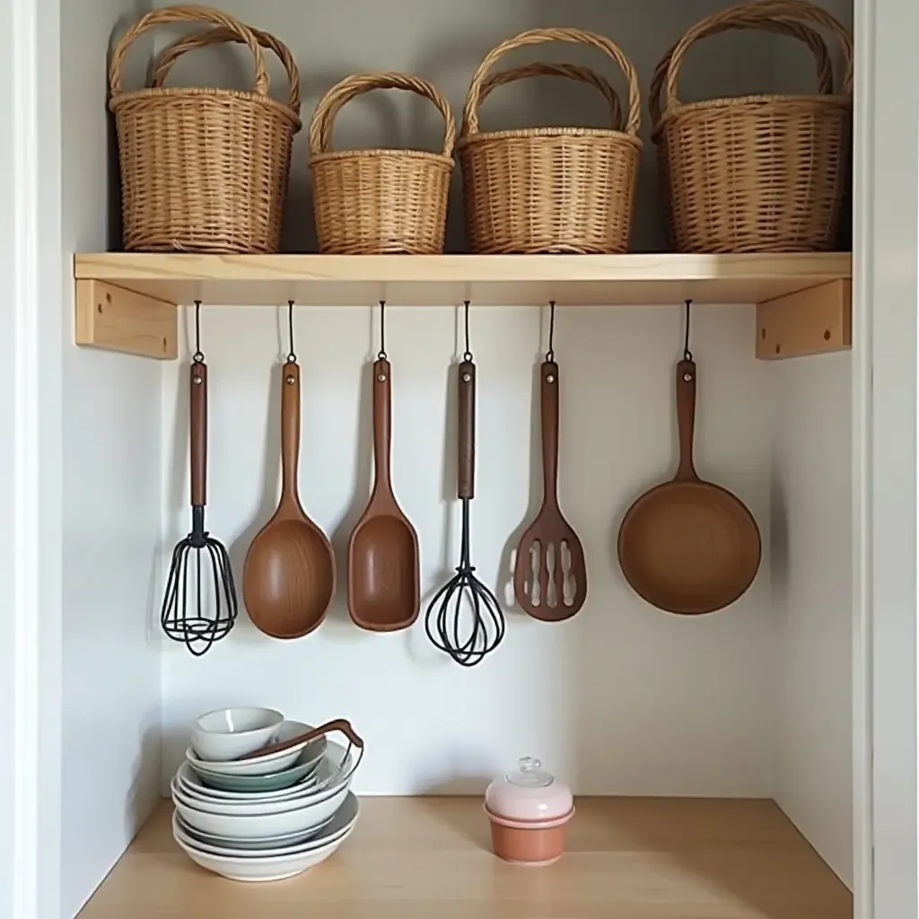 a photo of a pantry featuring hanging baskets and decorative hooks for utensils