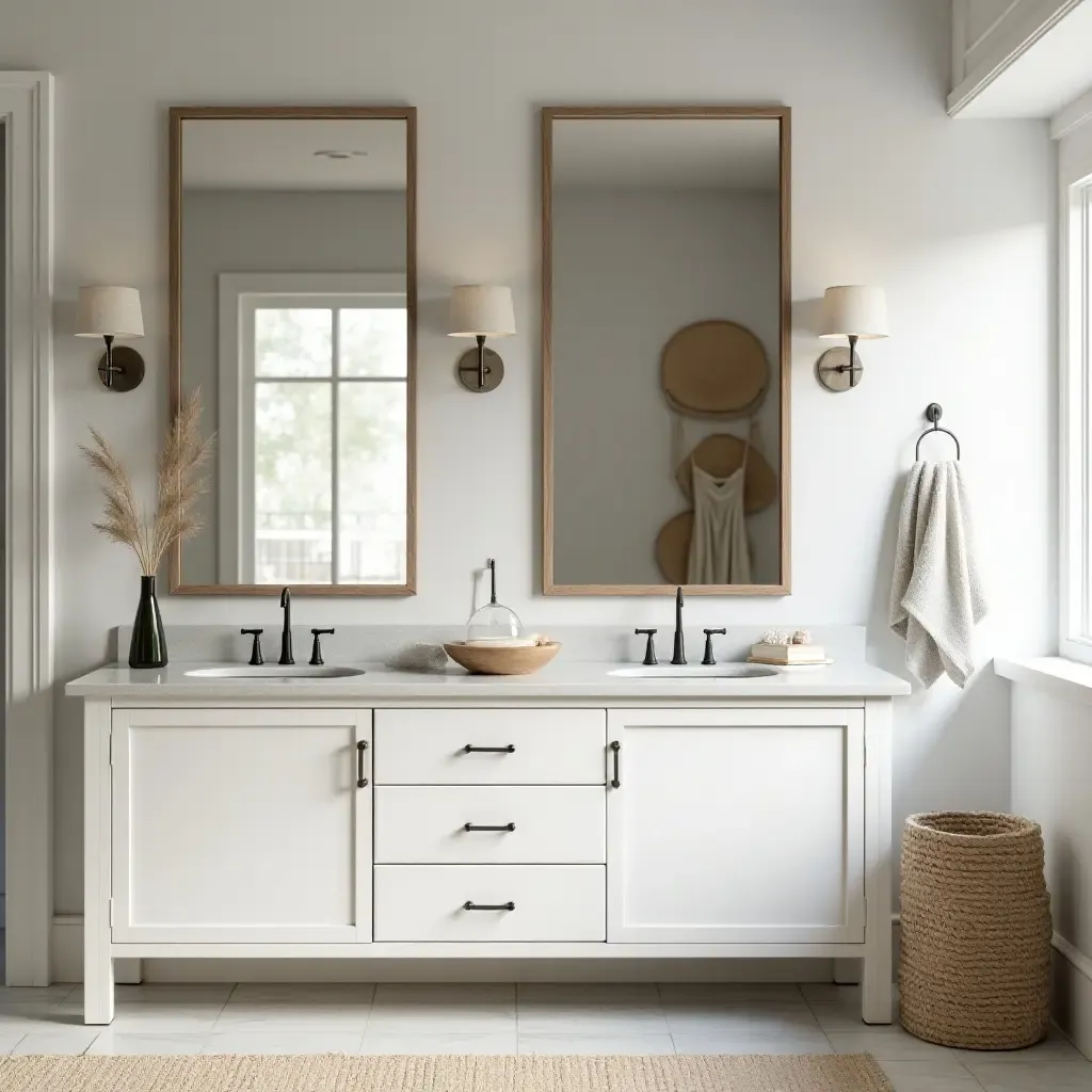 a photo of a farmhouse bathroom with a large mirror and natural textures