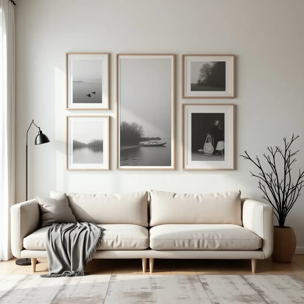 a photo of a curated art gallery wall in a modern apartment