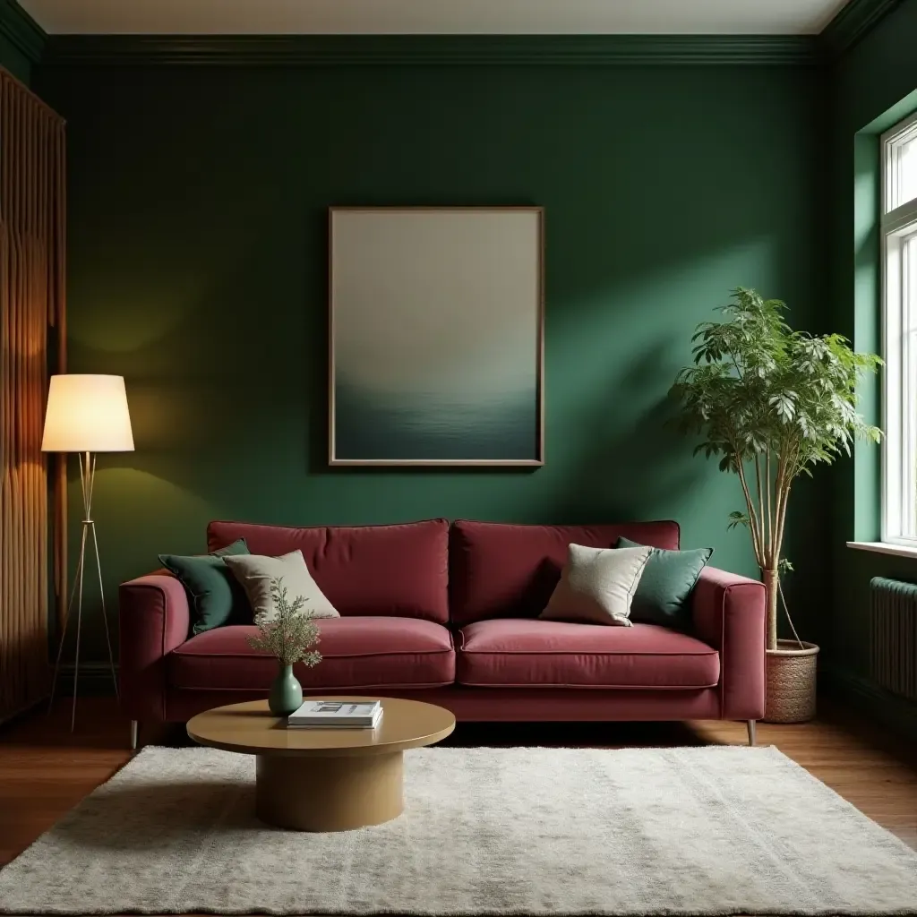 a photo of a contemporary living room featuring green and burgundy lighting fixtures