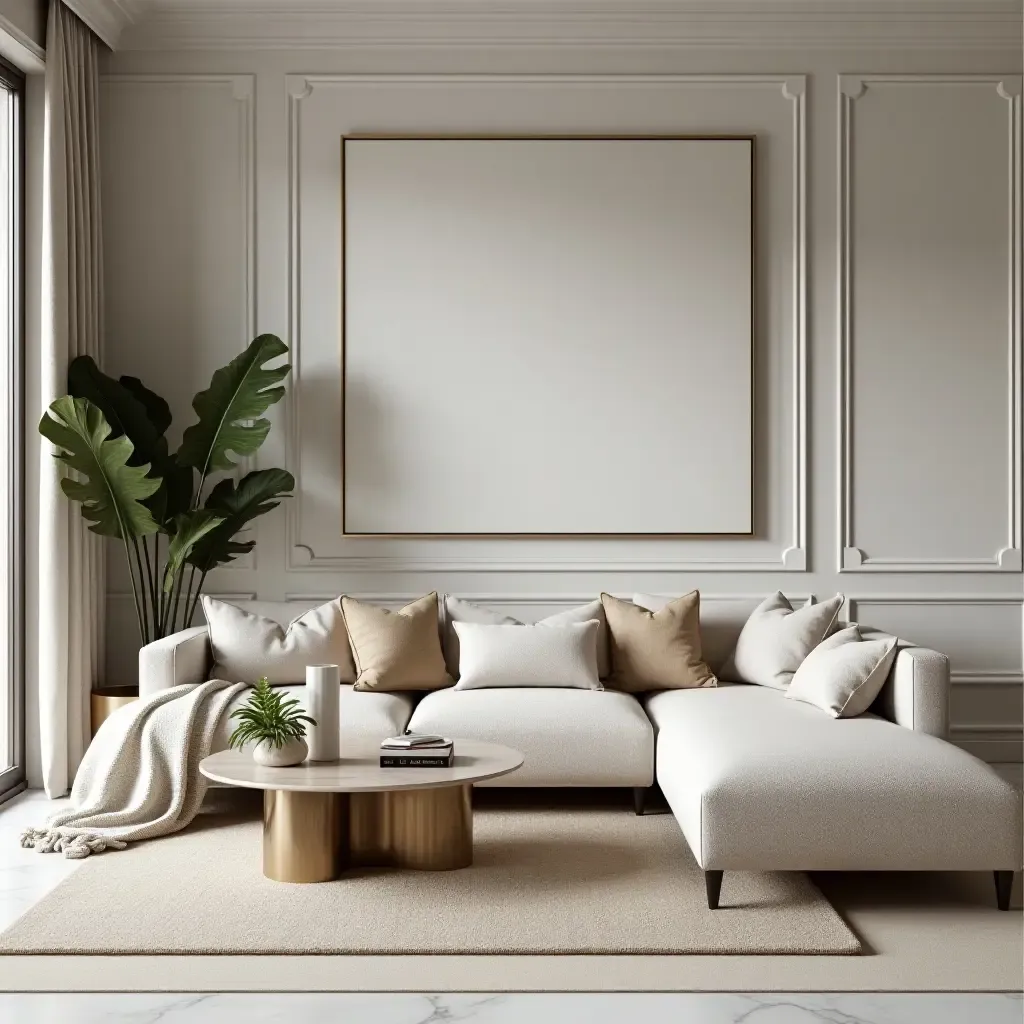 a photo of an elegant living room with marble decor and soft, inviting textiles