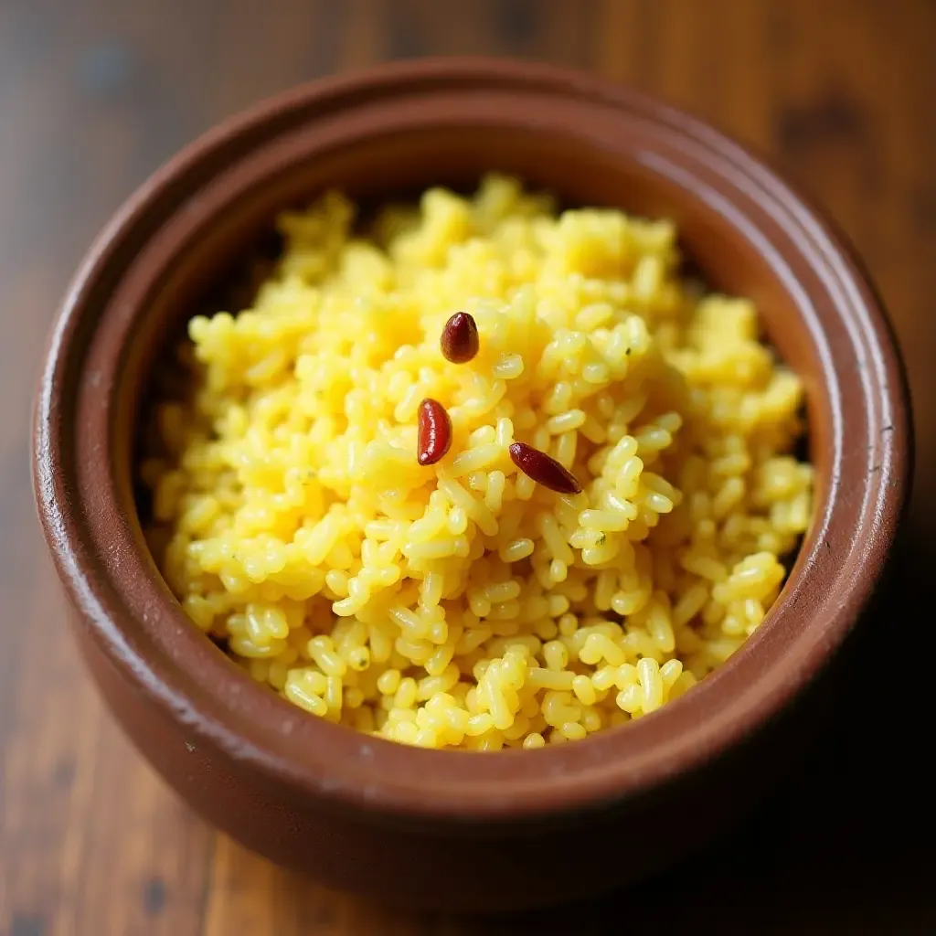 a photo of Thai coconut milk and turmeric-infused rice in a clay pot.