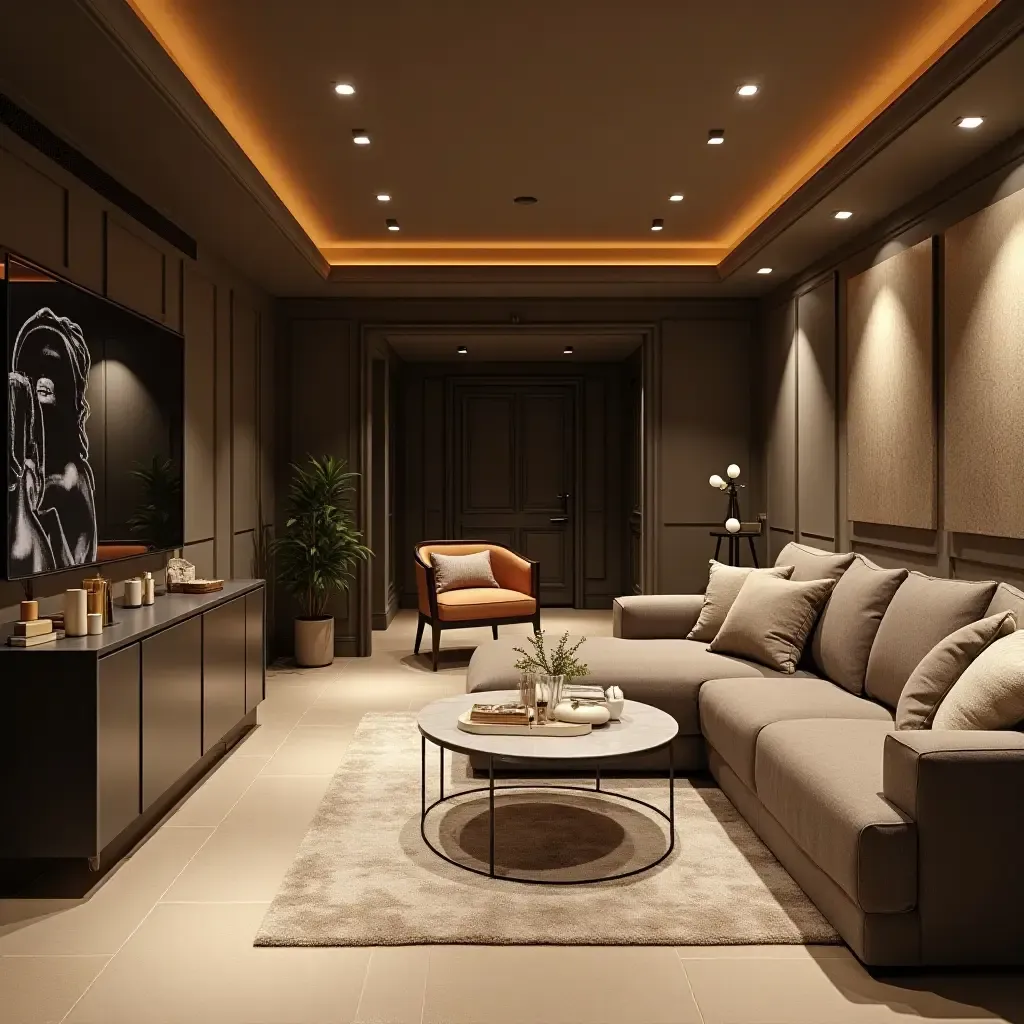 a photo of a stylish basement with an open layout and inviting atmosphere