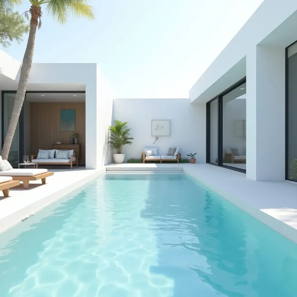 a photo of a modern pool area with a clean white aesthetic and water features