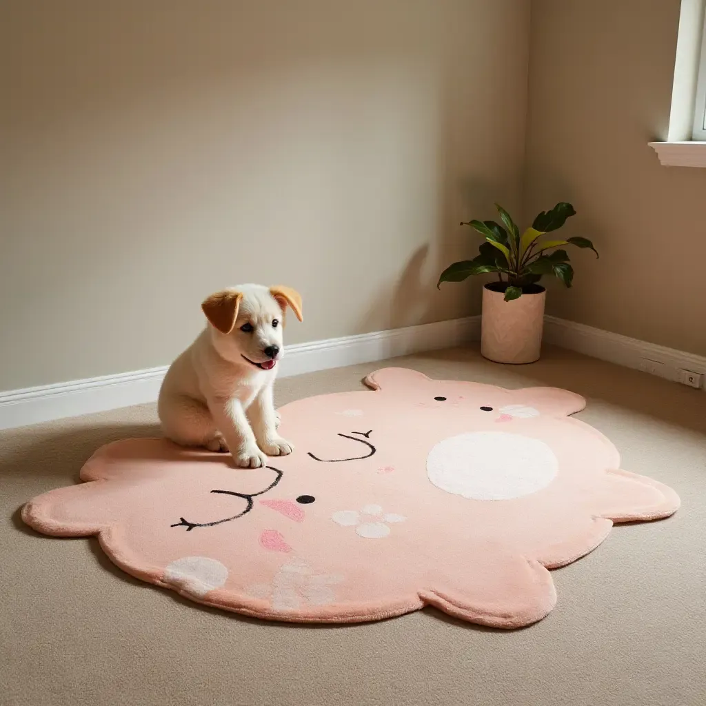 a photo of a whimsical, animal-shaped rug in a playful basement