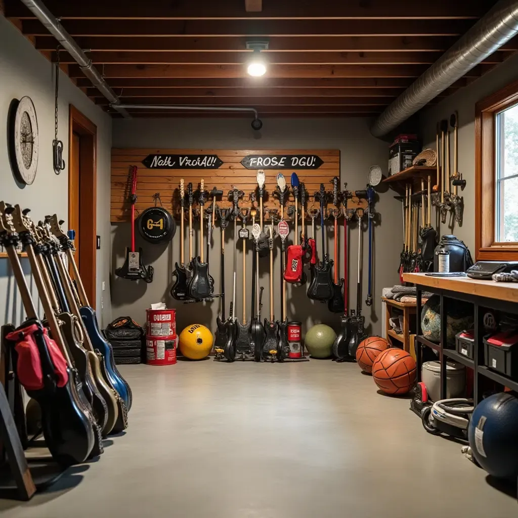 a photo of a basement with a wall of organized sports equipment