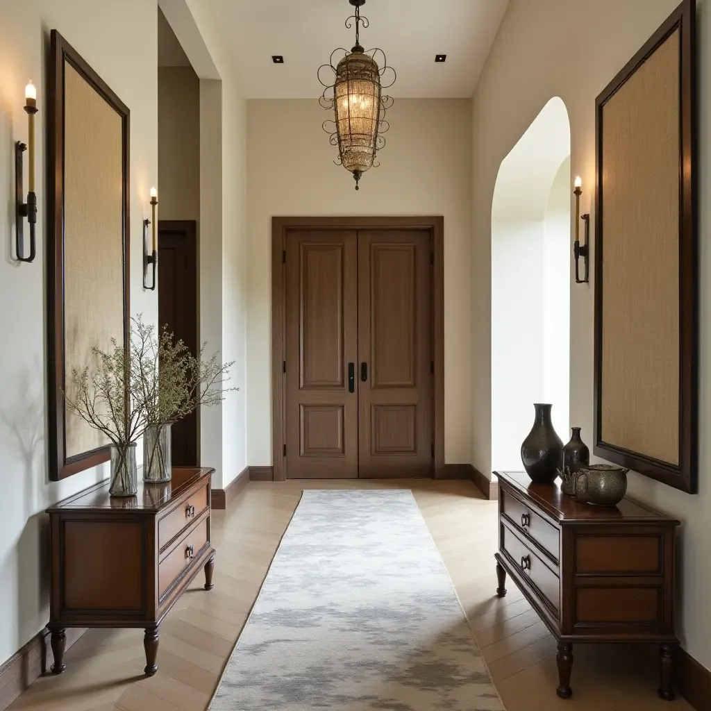 a photo of an elegant entrance hall with fabric wall hangings, wooden furniture, and metal fixtures