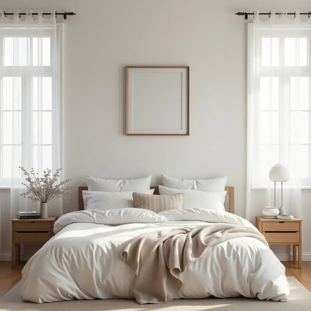 a photo of a cheerful Scandinavian bedroom with wall art and soft lighting