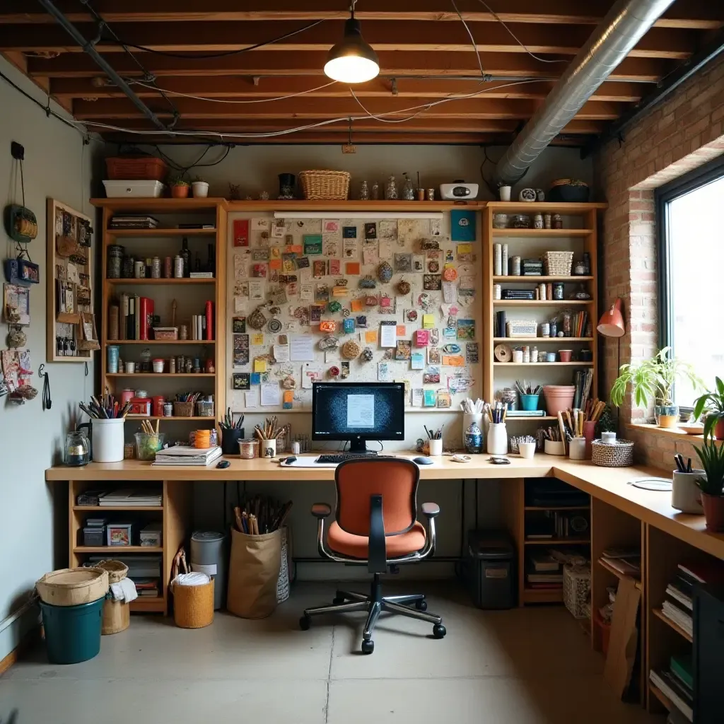 a photo of a basement art studio with an organized craft supply wall