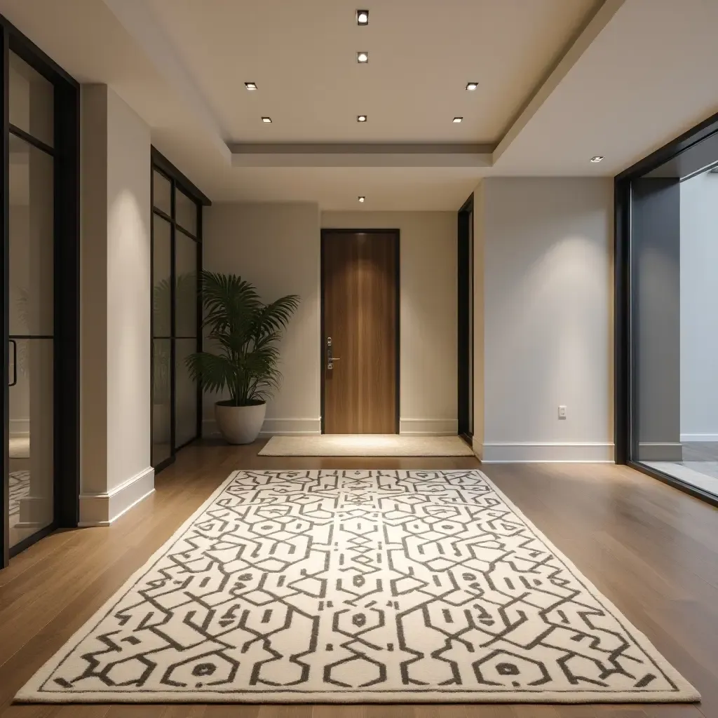 a photo of a geometric patterned rug in a modern basement