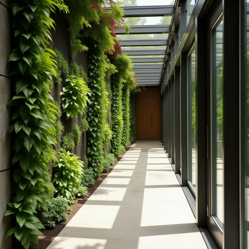 a photo of a corridor with a unique hanging garden wall installation