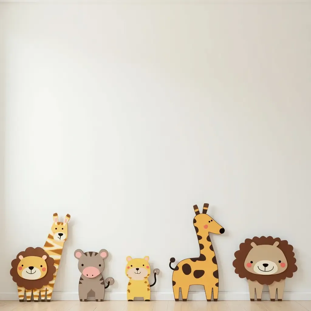 a photo of a cheerful kids&#x27; room with wooden animal wall art