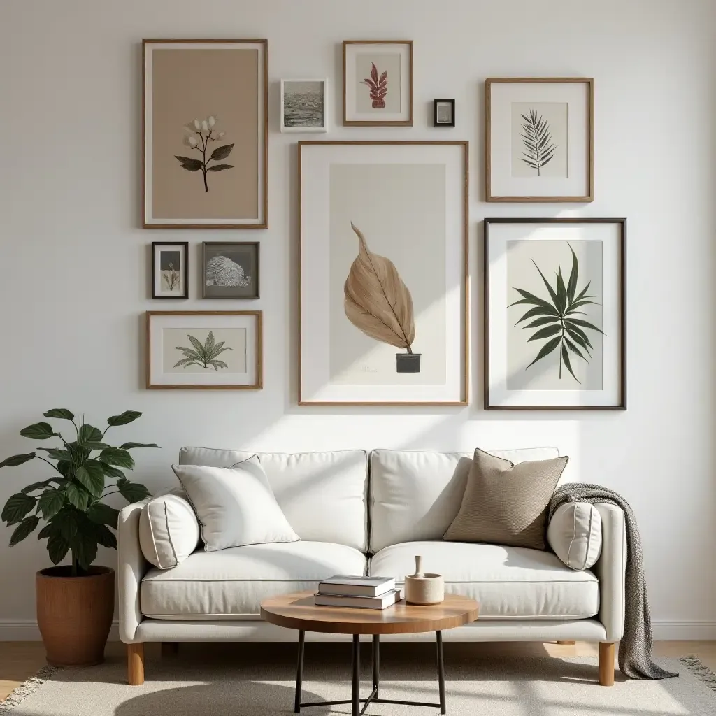 a photo of a gallery-style wall with eclectic art pieces