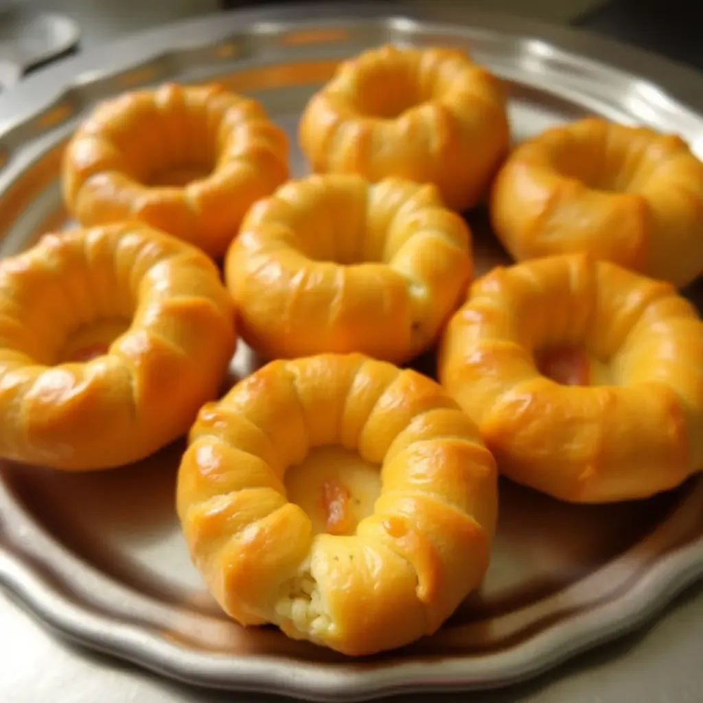 a photo of delicate gougères with golden crusts arranged on a silver platter.