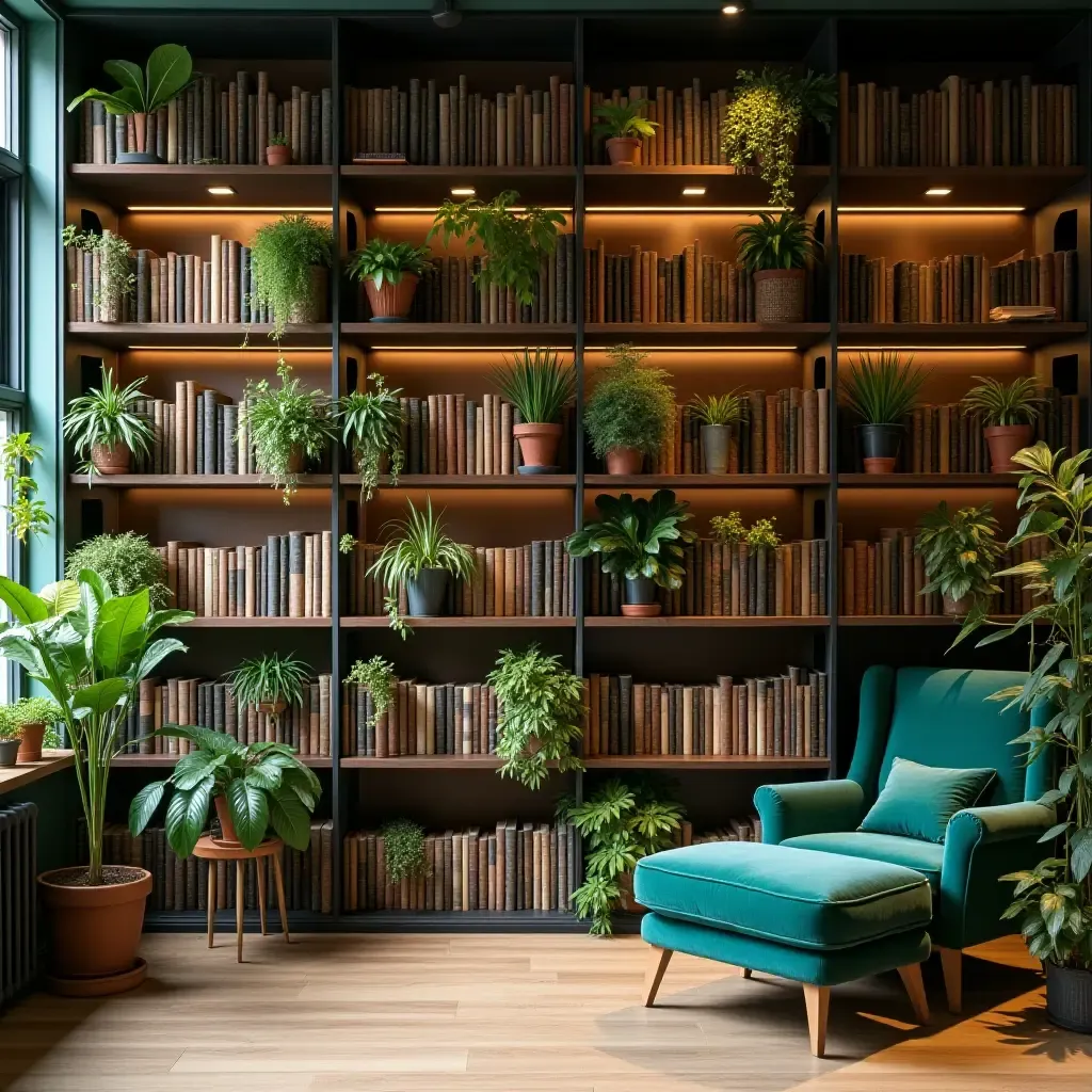 a photo of a library with a plant-themed book display