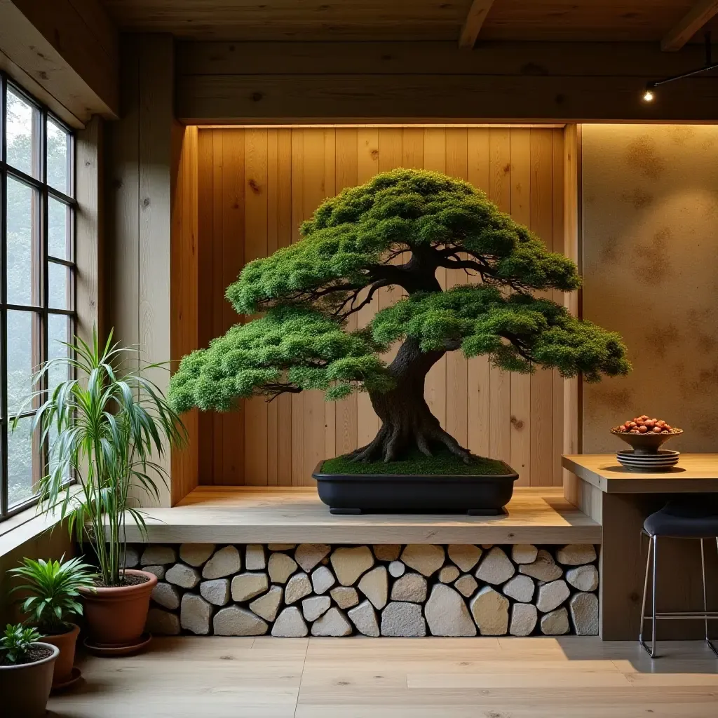 a photo of a basement with a corner dedicated to bonsai trees