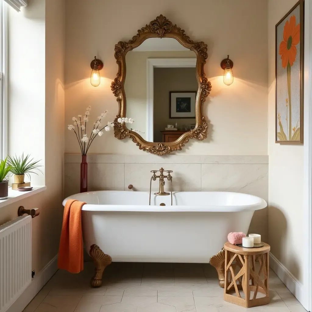 a photo of a stylish bathroom with a vintage mirror and vibrant decor