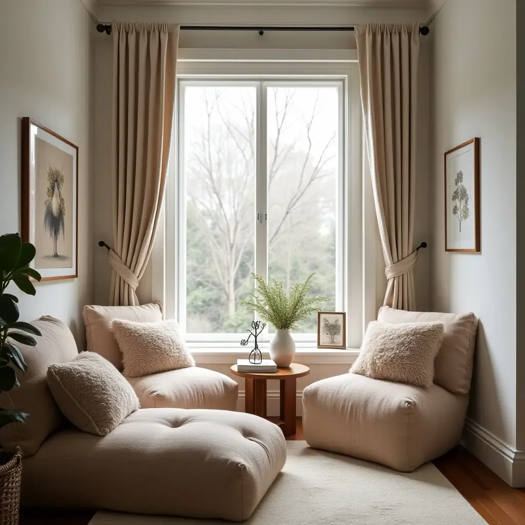 a photo of a cozy reading nook with oversized throw pillows