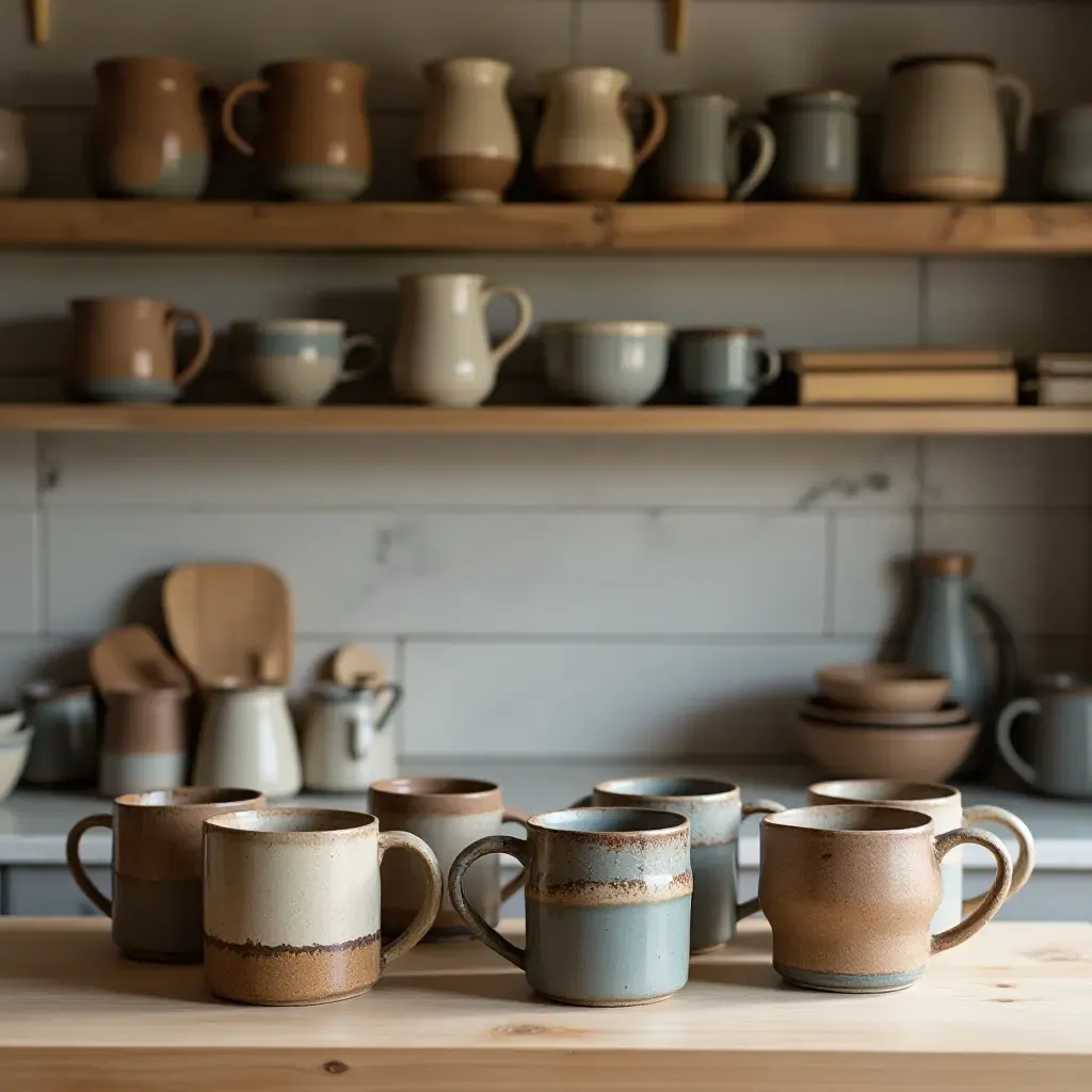 a photo of a kitchen with a collection of handmade mugs on display