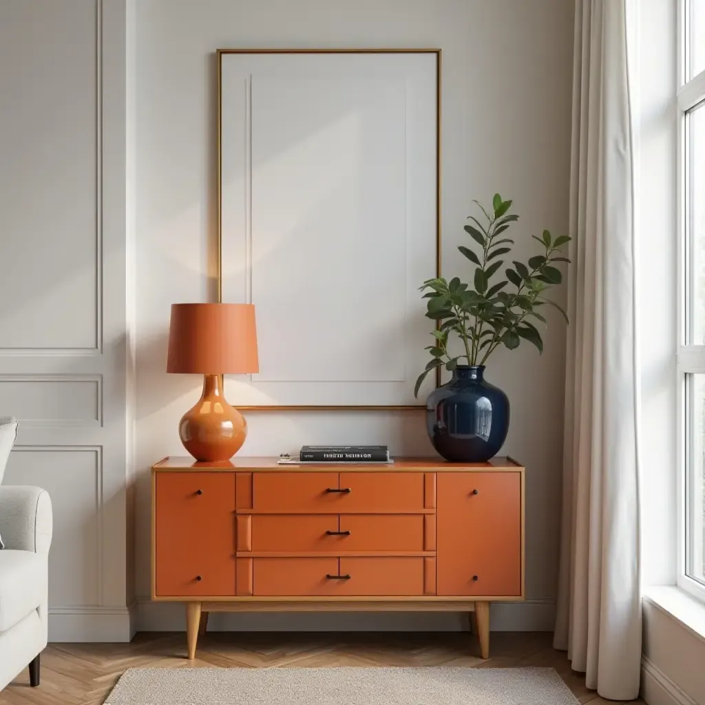 a photo of a chic side table with orange and navy decor