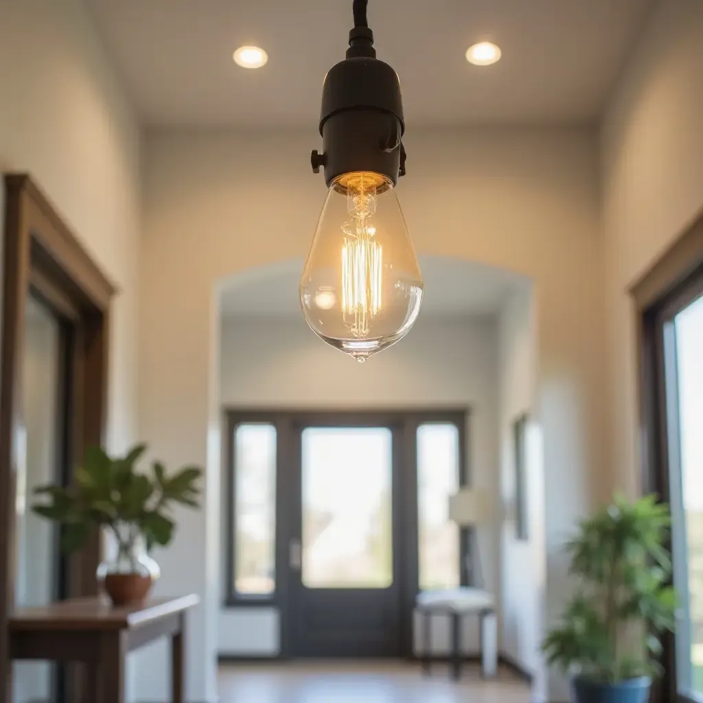 a photo of a hanging Edison bulb chandelier in an entryway