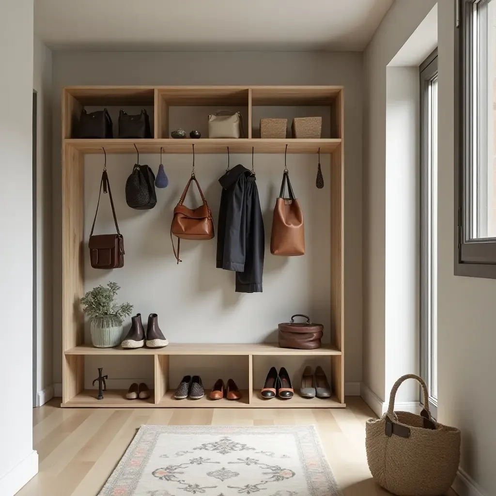 a photo of an entrance hall with creative shelving solutions for shoes and bags