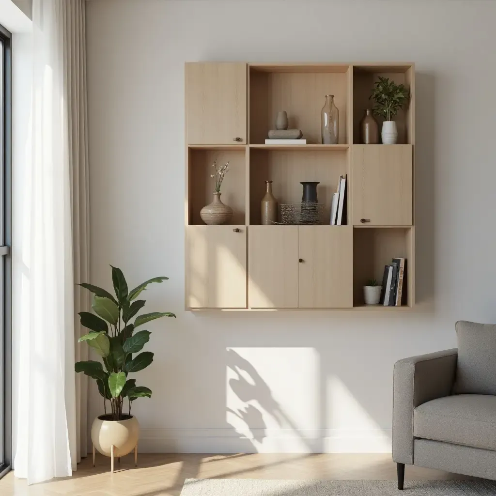 a photo of an artistic wall-mounted storage solution in a living room