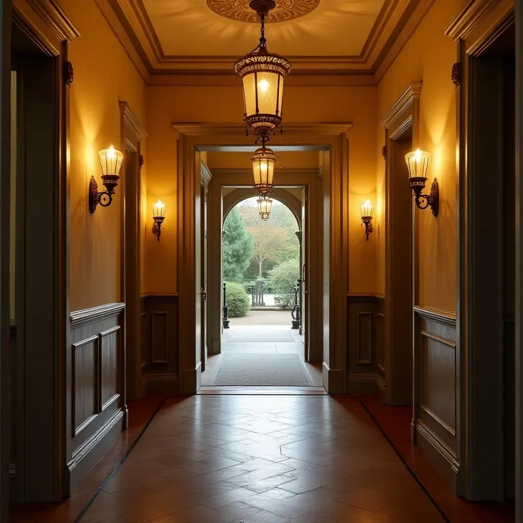 a photo of a vintage entrance hall illuminated by ornate pendant lights