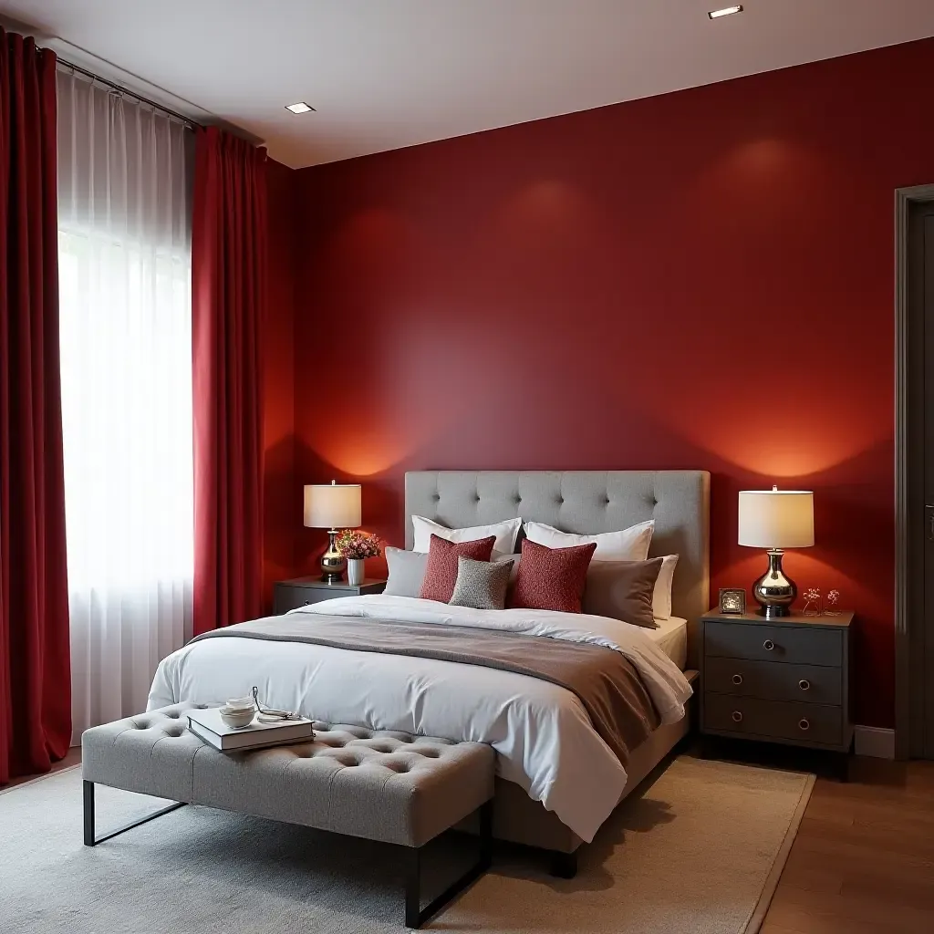 a photo of a striking crimson and silver bedroom for a teen