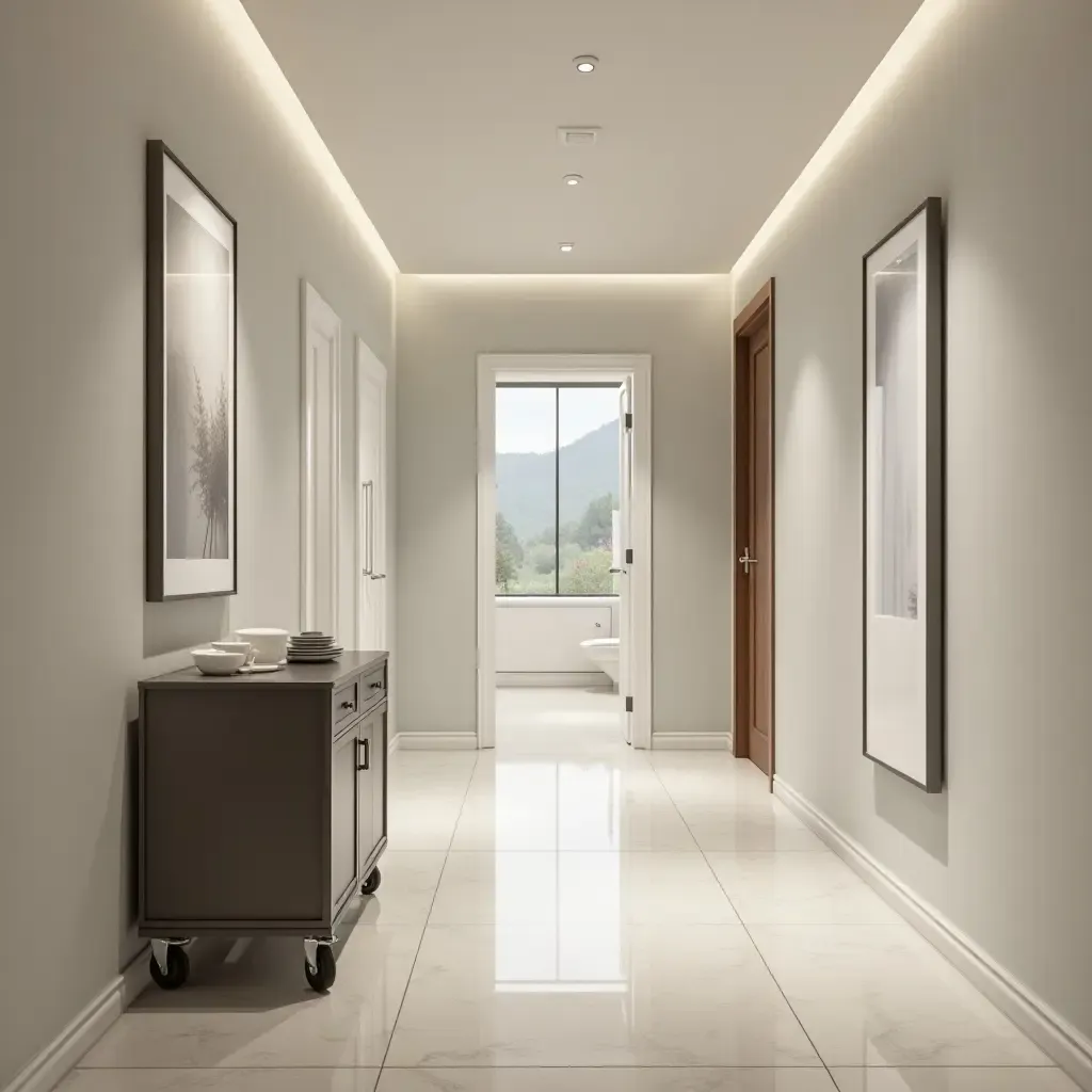 a photo of a functional corridor with a rolling cart for extra storage