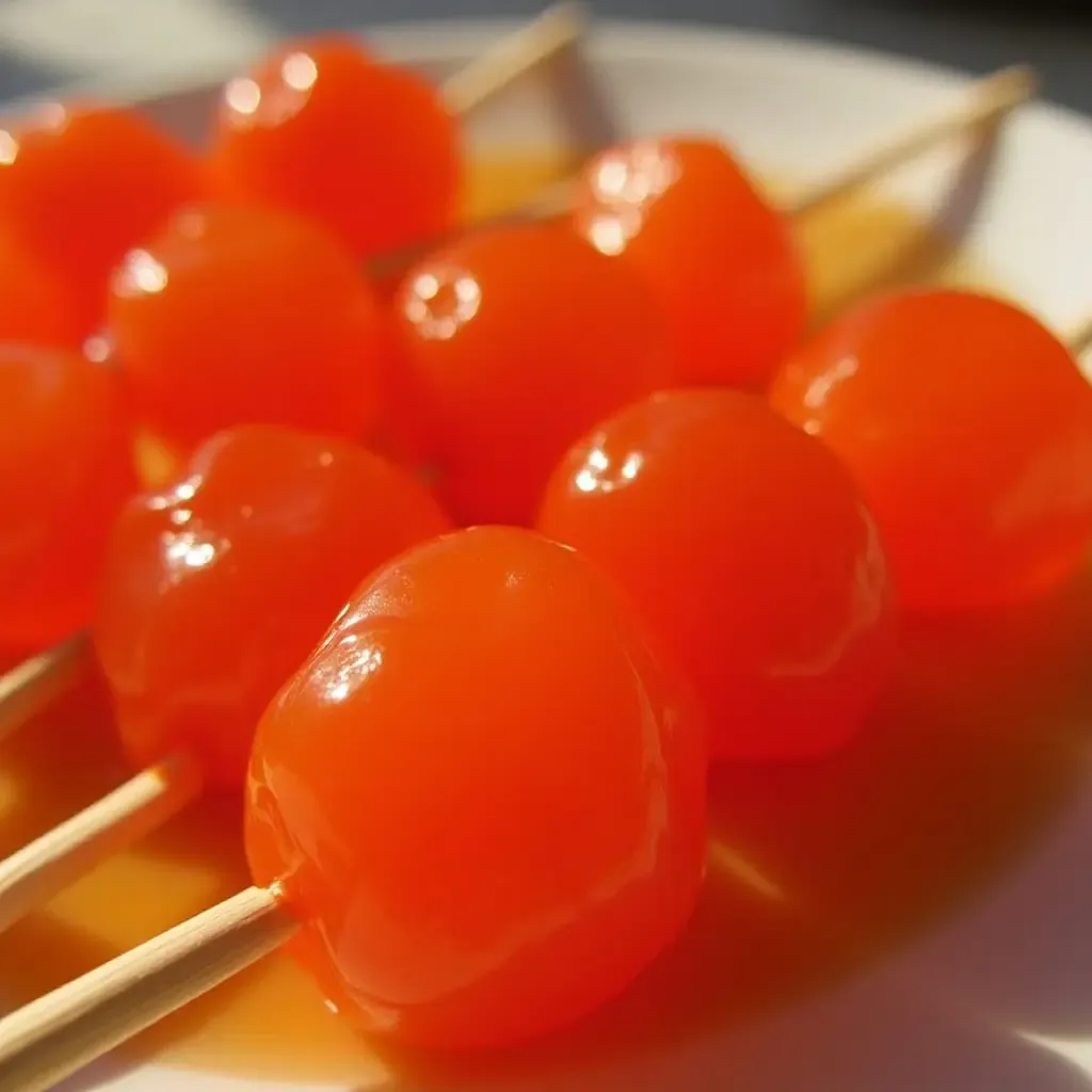 a photo of glossy Hawthorn Candies on skewers, coated in sugar syrup and glowing in sunlight.