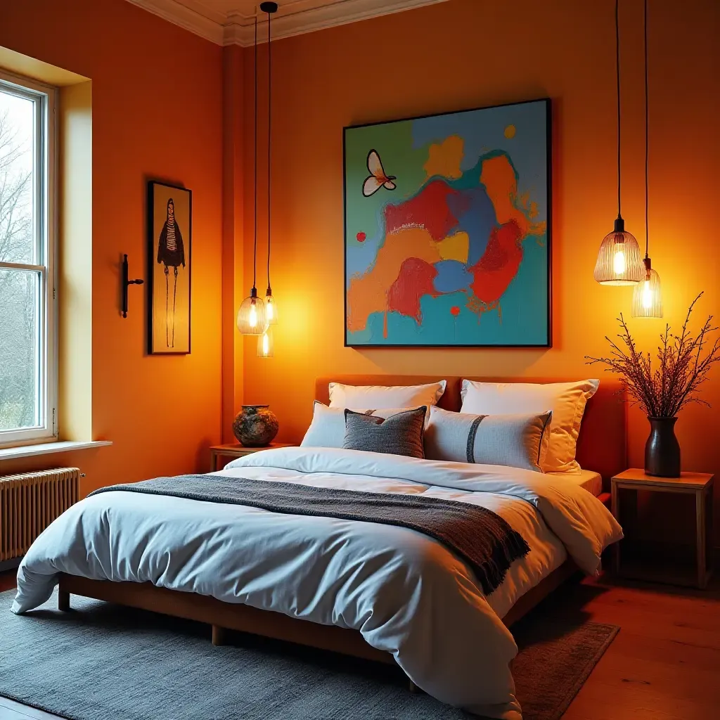 a photo of a colorful art-themed bedroom with artistic pendant lights