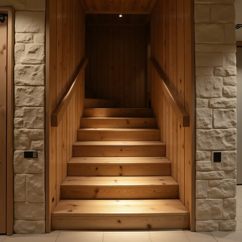 a photo of a rustic wooden staircase leading to a basement