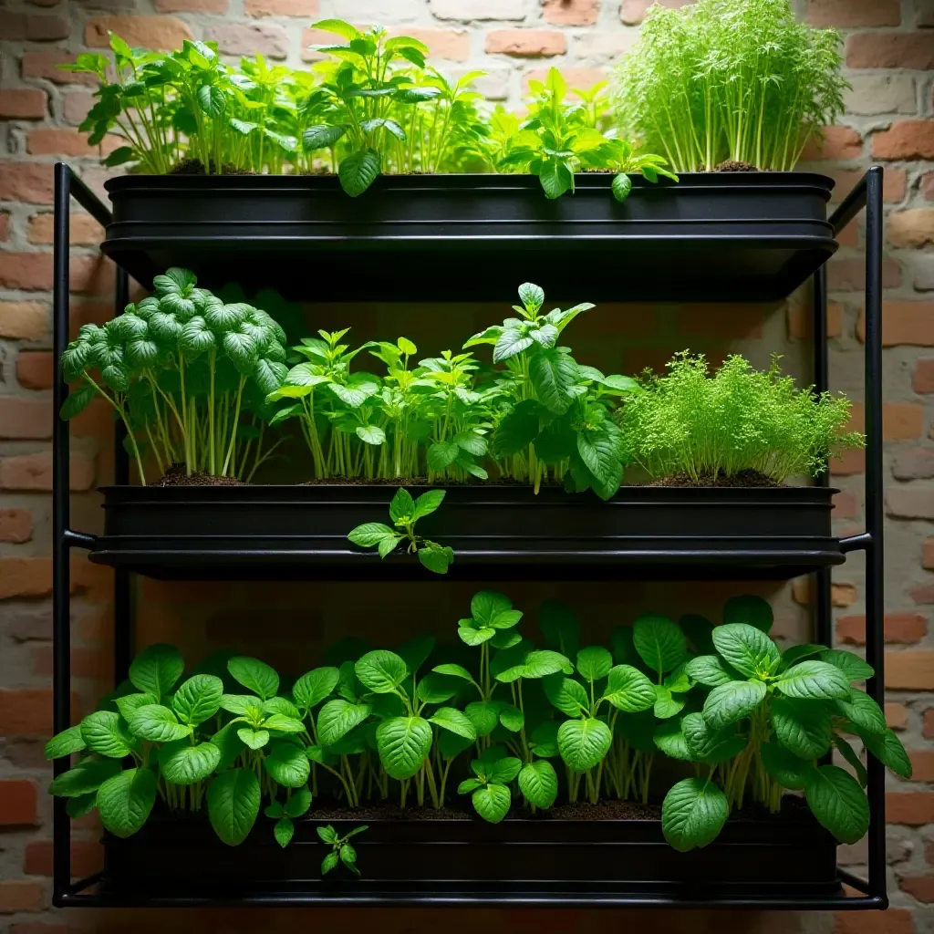 a photo of vertical garden shelves filled with vibrant herbs