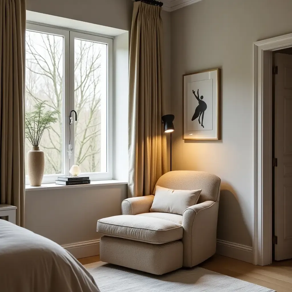 a photo of a bedroom featuring a reading nook with a plush armchair