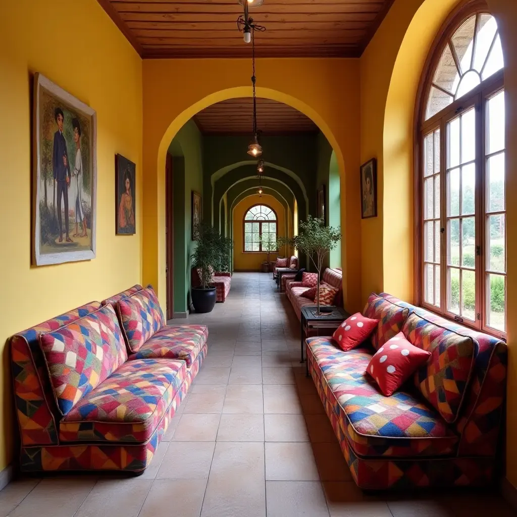 a photo of a colorful corridor featuring a patchwork sofa and cushions